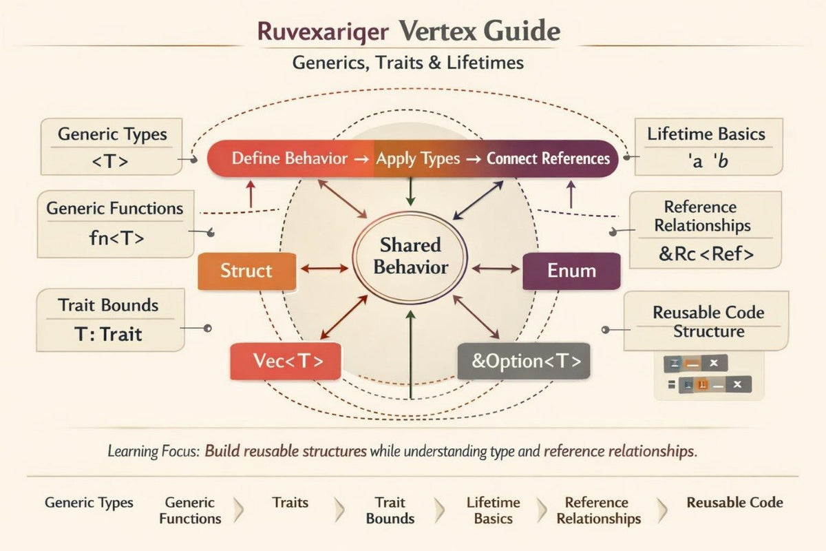 An educational infographic titled 'Ruvexariger Vertex Guide' explaining generics, traits, and lifetimes. The diagram features a central 'Shared Behavior' circle surrounded by colored boxes and arrows for concepts like 'Define Behavior', 'Apply Types', 'Connect References', 'Struct', 'Enum', 'Vec<T>', 'Generic Types', 'Trait Bounds', 'Lifetime Basics', and 'Reference Relationships'.