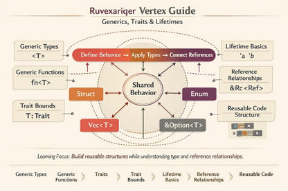 An educational infographic titled 'Ruvexariger Vertex Guide' explaining generics, traits, and lifetimes. The diagram features a central 'Shared Behavior' circle surrounded by colored boxes and arrows for concepts like 'Define Behavior', 'Apply Types', 'Connect References', 'Struct', 'Enum', 'Vec<T>', 'Generic Types', 'Trait Bounds', 'Lifetime Basics', and 'Reference Relationships'.