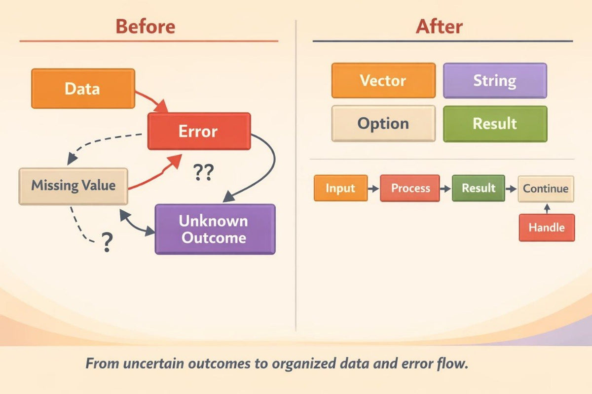 An educational infographic comparing 'Before' and 'After' states of data handling. The left 'Before' section shows a messy flow with 'Data', 'Error', 'Missing Value', and 'Unknown Outcome' in orange, red, beige, and purple blocks.
