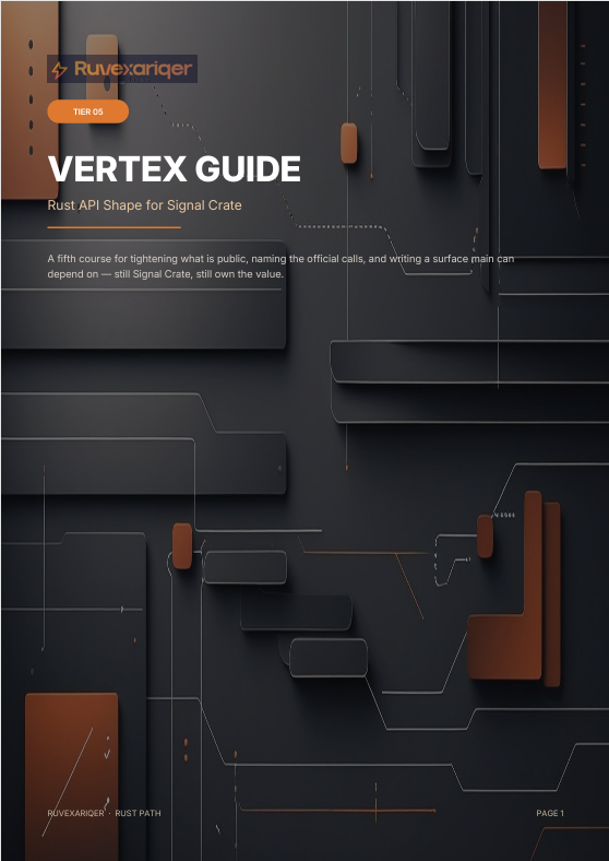 A dark promotional cover or guide page for the Vertex Guide by Rust-exariqer, featuring abstract 3D geometric shapes in black and copper/bronze tones with the title 'VERTEX GUIDE' and subtitle 'Rust API Shape for Signal Crate'.